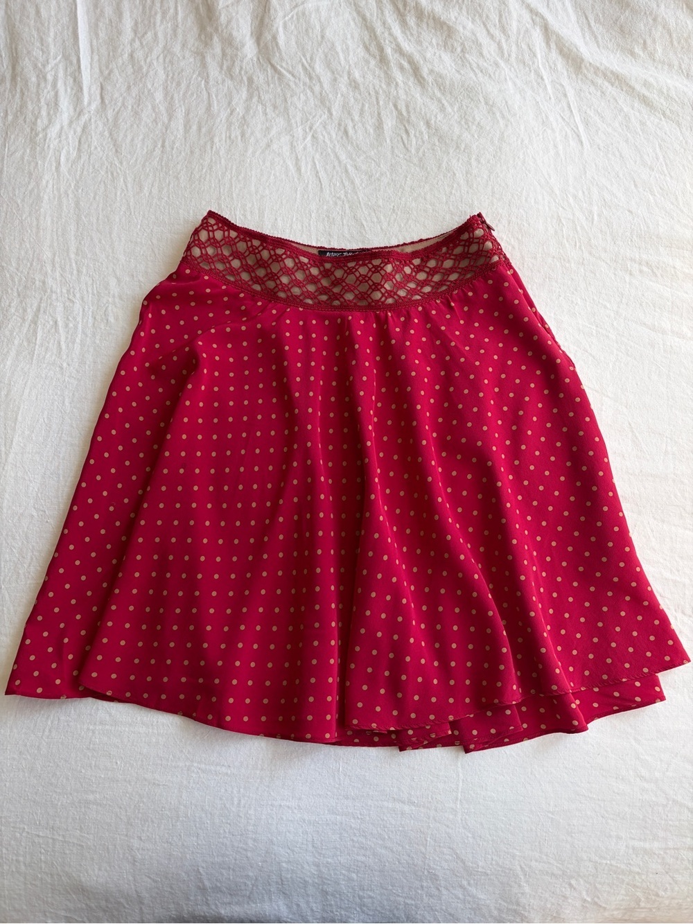 Vintage Betsey Johnson Silk Polka Dot Lace Waistband A Line Mini Skirt Red Tan